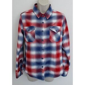 Dixxon Flannel Shirt Womens Small Red Blue Plaid Long Sleeve Button Up Barbicide